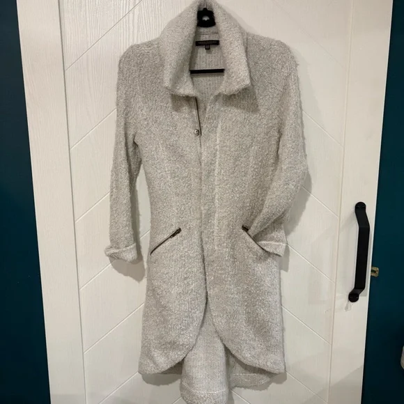 Robert kitchen canads boucle knit cardigan sweater coat winter white/faux Sherpa - Picture 2 of 9